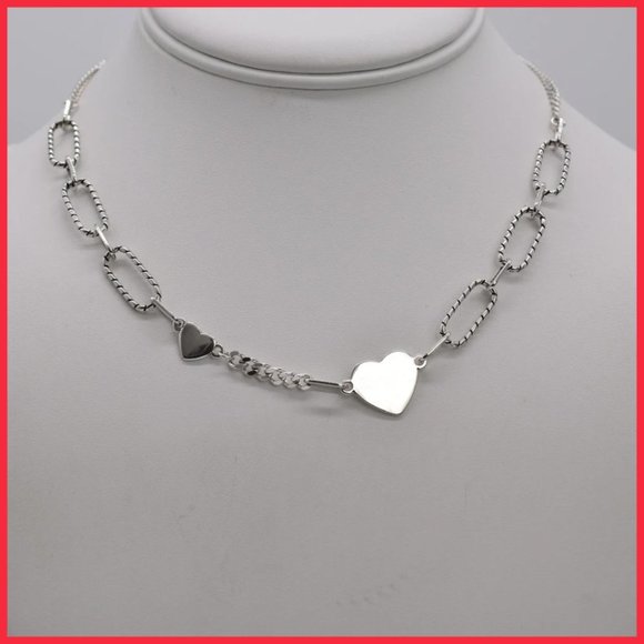 Silver Paper Clip and Cuban Multi Link Clavicle Length Necklace with 2 Hearts - Picture 2 of 7